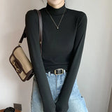 T-shirts Women's Fall Winter Slim Thick Basic Tops Korean New Half Turtleneck Camisetas Tee Long Sleeve Bottomed T