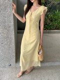 Fongt Xixi 2025 Summer New Korean Version Of High-Waisted Vacation Sleeveless Dress V-Neck Print Pure Desire Skirt 88275