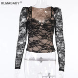 Spring Summer Women Bustier Lace Tshirts V Neck Long Sleeve Transparent Office Lady Top Sexy Elegant High Street