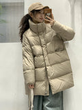 Pinghu Down Jacket Female 2024 Winter New Thickened Stand Collar Long Button Warm White Duck Down Coat Tide-Outfit