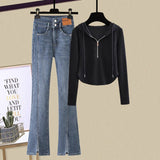 Fongt Slim Hot Girl Top With A Two-Piece Set With Slit Jeans-Outfit