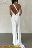 Backless Sexy Maxi Dresses for Women 2023 Diagonal Collar Pleated Bandage Dress Elegant Party Evening Bodycon Dress