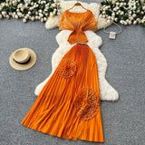 Fongt Folded Two Sets Of Women's Waist Repair Short Sleeve Pressure Folded Blouse Flowers High Waist 100 Folds Skirt