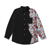 Mens Design Shirts Raglan Sleeves Long Floral Patchwork Pocket Unisex Blouse Black Blue Oversized Streetwear