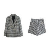 Fongt Autumn New Women's Wear Thousand Bird Case Double Breasted Suit Jacket Thousand Bird Case Casual Shorts Suit-Outfit
