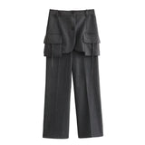 Fongt Women's New Lapel Long Sleeve Short Blazer Casual Pants Suit-Outfit