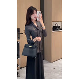 Fongt White Polo Collar Long-Sleeved Shirt Top Spring High Waist Half-Dress Temperament Two-Set