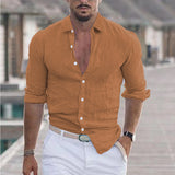 Fongt New Men's Summer Cotton-Blind Beach Shirt Long Sleeves Solid Hawaiian Holiday