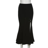 Dark Elegant Mall Gothic Trumpet Women Midi Skirts Grunge High Waist Split Sexy Club Long Skirt Slim Party Streetwear