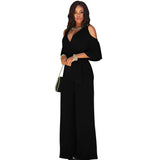 Spring Summer Women Jumpsuit Sexy Hollow Off Shoulder Romper V Neck Half Sleeve Solid High Waisted Belt Wide Leg