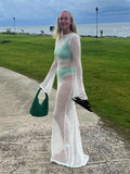 Mesh See Through Long Sleeve Women Dress 2023 Summer Casual Sexy White Maxi Beach Dresses O Neck Solid Loose Outfits-Outfit