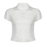 White Slim Waist Short Sleeve Blouse-Outfit