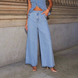 Fongt Selling New Solid Color Loose Fashion Long-Sleeved Denim Set Wide-Legged Trousers