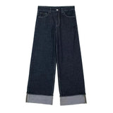 Fongt 2025 New Women's Roll-Sleeve Denim Jacket Straight Trousers