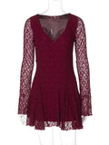 Lace Long Sleeve Hollow Out V-Neck Mini Dress-Outfit