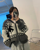 Deer Jacquard Hooded Knitting Zipper Cardigan-Outfit