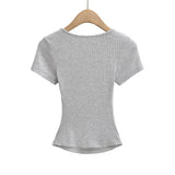 Trend Spice Girls Basic Style Large U-Neck Straight Shoulder Short-Sleeved T-Shirt Slim And Elastic Blouse-Outfit