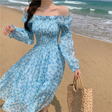Floral Dress Women 2023 Summer Puffer Sleeve Beach One Piece Dress Korean Elegant Vintage Dress Female Chic Square Collar-Outfit