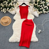 Fongt Hottie Port Style Suit Women's Summer Short Vest Top With High Waist Half Skirt Knit Two Sets