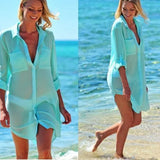 Fongt Wrinkle Cloth Two Pockets Dark Buckle Beach Blouse Bikini Coat Shirt Swimsuit Cardigan