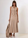 Buttoned Vest And Pleated Midi Skirt Two Piece Set-Outfit