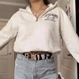 Preppy Style Letter Print Zip Up POLO Collar Sweatshirt Women White Vintage Warm Fleece Winter Pullovers 2023 Design