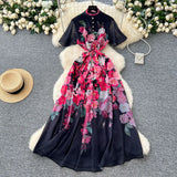 Fongt New Holiday Style Dress Women's French Pearl Buckle Waist Thin Temperament Print Chiffon Long Dress