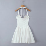 White Halter Embroidery Solid Mini Dress-Outfit