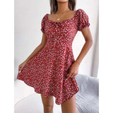 Women Summer Print A-Line Dress Shrinkage Design Bandage Decor Square Collar Flare Sleeve High Waist Slim Mini