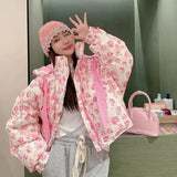 Pink Floral Puffer Jacket-Outfit