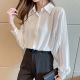 Pleated Sleeves Chiffon Blouse OL Lantern Sleeves White Shirts Blouse Women Plus Size Single-Breasted Top Shirts