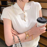 Fongt Money Style Collar Short Sleeve Knitted Shirt Women's Summer Simple Polo Shirt T-Shirt Loose Thin Half-Sleeved Top