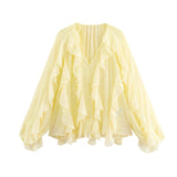 Fongt 2025 Women's New Fashion Butterfly Tacked With Overlays Decoration French Lantern Sleeve Long Sleeve Shirts