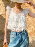Fongt New Small Fragrant Suit French Hollow Vest Top + White Skirt Summer Shenzhen South Oil Women's