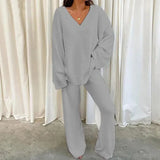 Autumn Winter Women 2PCS V Neck Long Sleeve Blouse Suits Matching Sets Casual Wide Leg Trousers Sets Solid Homewear