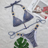 Fongt New Strap Neck Bikini Sexy Shiny Gold Crystal Diamond Swimsuit