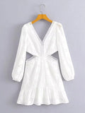Fongt Break French Elegant Wind 2025 Spring New Fashion Design Deep V Lace Hollow Dress