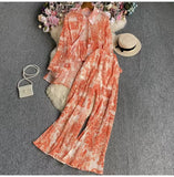 Fongt Suit Female Korean Version Of The Lantern Sleeves Loose Single-Chamed Dizzled Dyed Printed Shirt Three Sets Of High-Rise Broad-Legged Trousers