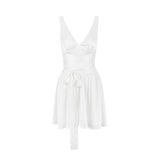 White Satin Dress Summer 2023 V Neck A Line Dress Sexy Stretchy Beach Dress with Belt Birthday Dress for Women Mini-Outfit