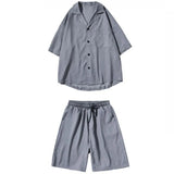 Men Casual Sets Shirt with Shorts Summer Thin Short Sleeve Tops Polyester Baggy Knee-Length Short Pant Oversize