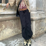 Vintage Drawstring Cargo Skirts Chic Y2K Solid Retro Women's Grunge Clothes Shirring Harajuku Long Skirts Techwear
