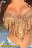 Rhinestones Tassel Party Crop Top Woman Fashion Halter Neck Backless Design Full Diamond Sequins Nightculb