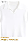 Knitted Basic Solid T-shirt Women Vintage Casual Short Sleeve Turn-down Collar Tee Shirts 2023 Korean Fashion Female