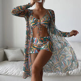Fongt New Women's Three-Piece Bikini Mesh Gauze Blouse Gradient Print Lace Fashion Anti-Sai