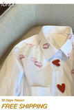 Long Sleeve Loose Shirts For Women Solid Lipstick Printing Heart Button Tops Loose Streetwear All-match Oversizes