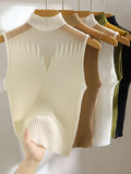 Knitted Top Women Y2K Tank Top Half Neck Vest Female Sleeveless Sweater Chic Cut Out Streetwear Solid Skinny White Tube-Outfit