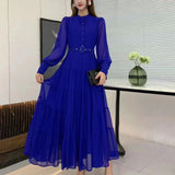 Fongt New V-Neck Single-Drenchee Chiffon French Retro Dress Thin A-Character Long Dress Women's Bubble Cuff