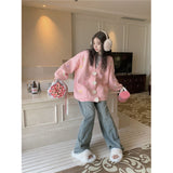 3D Flowers Knitted Cardigan Women Kawaii Bow V Neck Sweater Coat Korean Cute Oversized Knitwear Streetwear Casual Jumper-Outfit