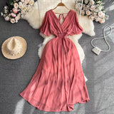 Fongt Summer New Temperament V-Neck Elasticity To Collect The Waist Of The Long Seaside Vacation Beach Chiffon Dress Woman