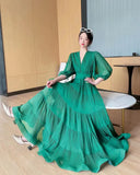 Fongt Seaside New Super Layer V-Neck Waist Temperament Famous 100 Fold Dress Short-Sleeved A-Word Dress Woman